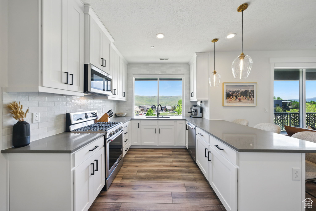 Kitchen with appliances with stainless steel finishes, a peninsula, recessed lighting, dark wood finished floors, and white cabinets