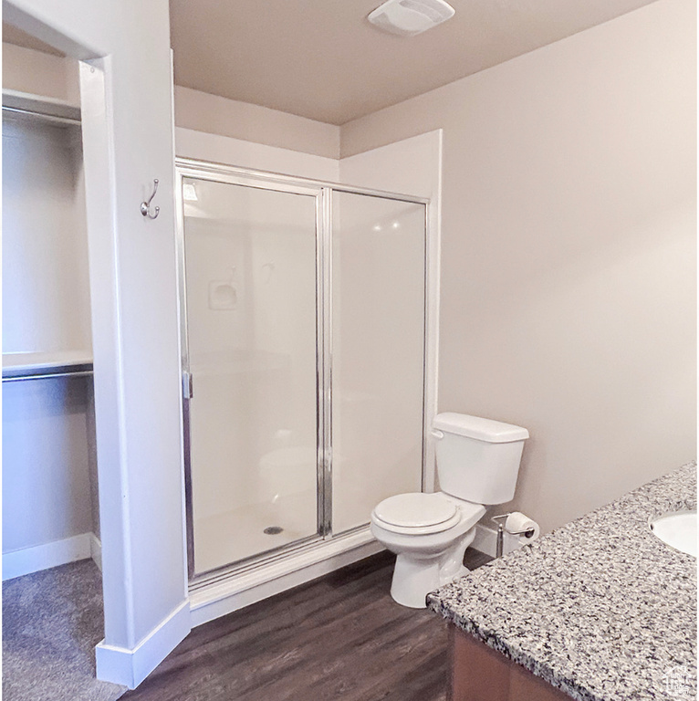 Bathroom featuring vanity, a stall shower, toilet, a spacious closet, and wood finished floors