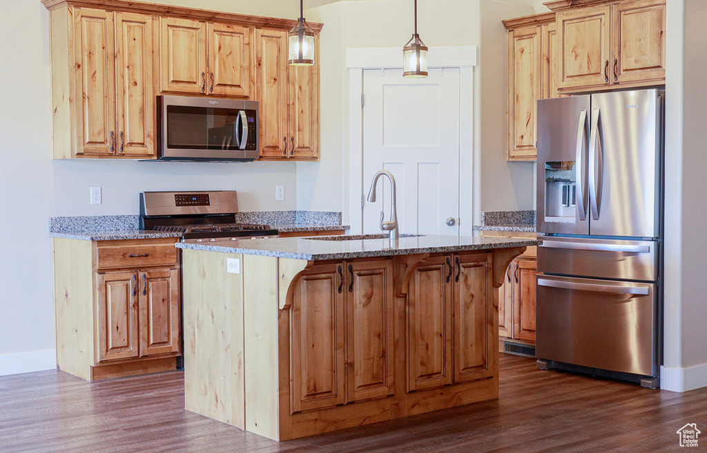 Kitchen featuring stainless steel appliances, a sink, light stone counters, and dark wood-style floors