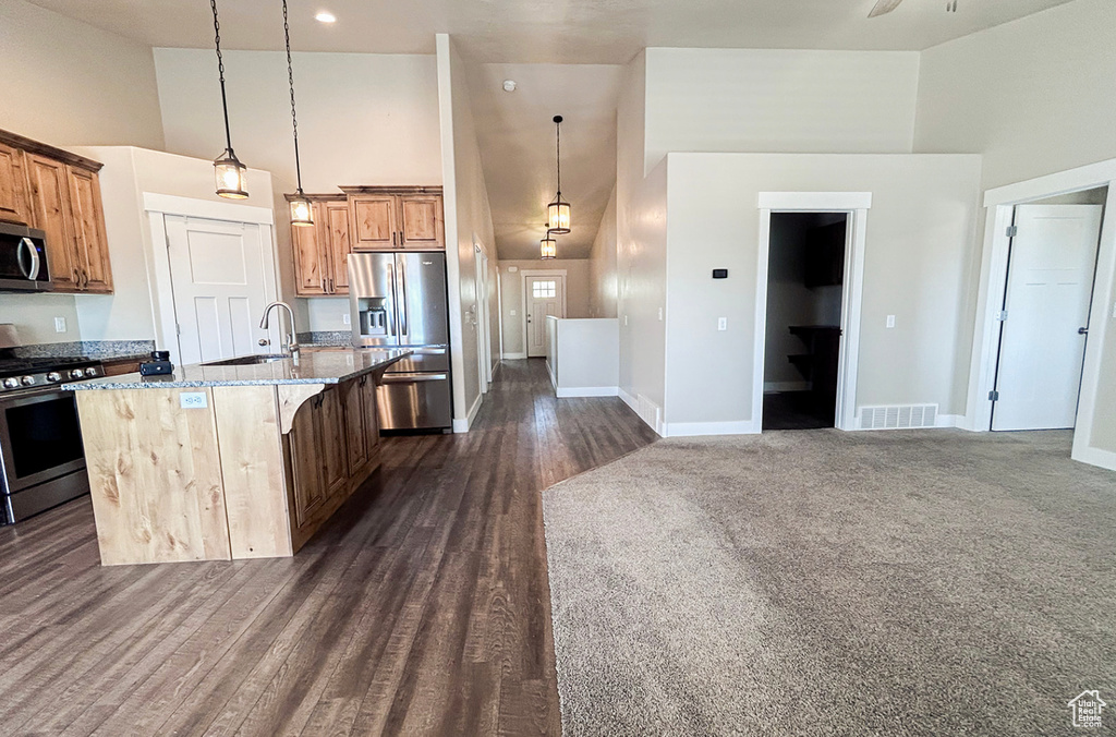Kitchen with stainless steel appliances, high vaulted ceiling, a sink, light stone counters, and a kitchen island with sink
