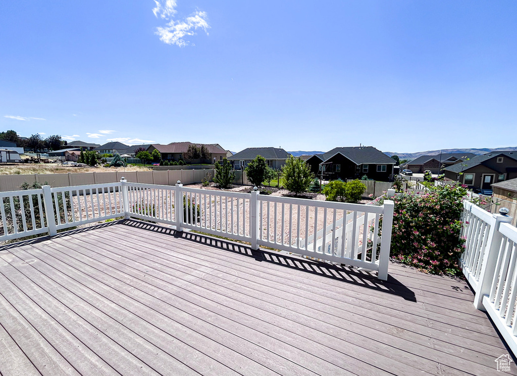 Deck with a residential view and a fenced backyard
