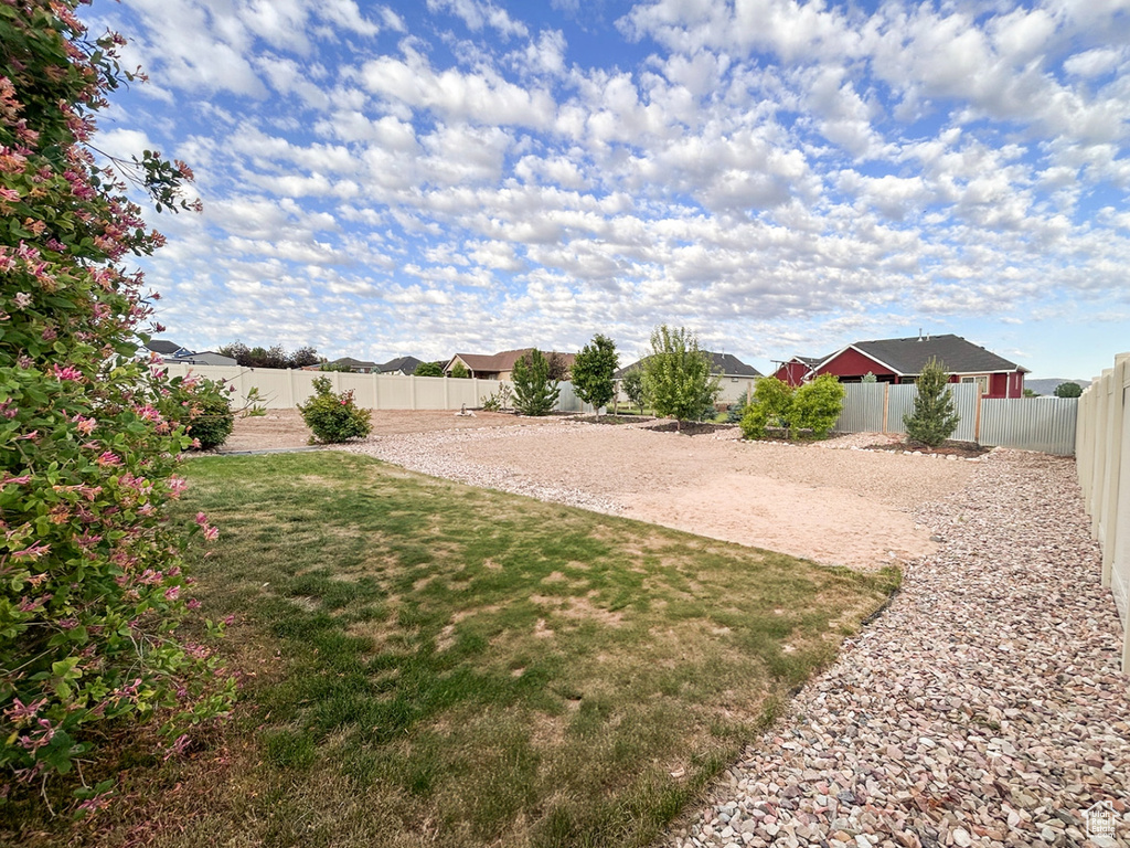 Fenced backyard with a residential view