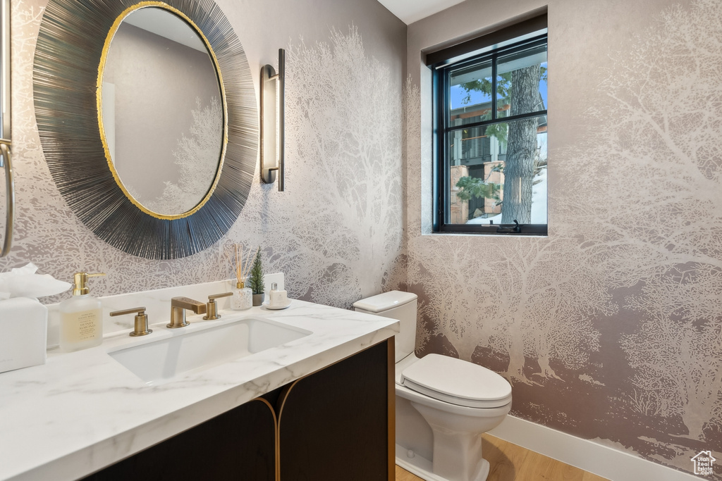 Bathroom with toilet, vanity, and wood finished floors