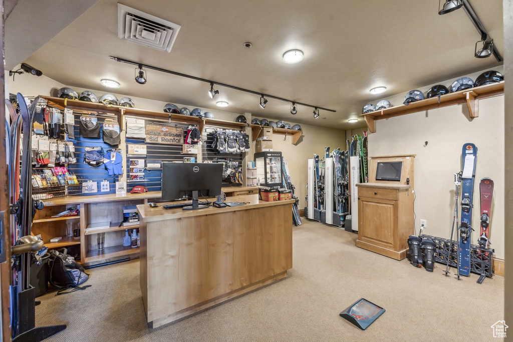 Office with rail lighting and light colored carpet