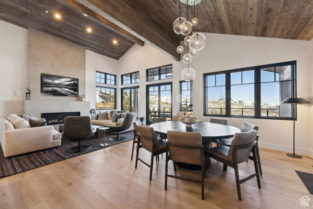Dining space featuring high vaulted ceiling, recessed lighting, light wood-style flooring, wooden ceiling with exposed beams, and baseboards