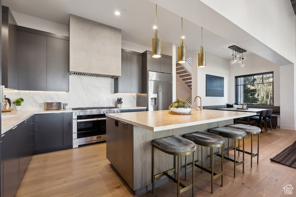 Kitchen featuring high quality appliances, modern cabinets, light wood-type flooring, a kitchen breakfast bar, and backsplash