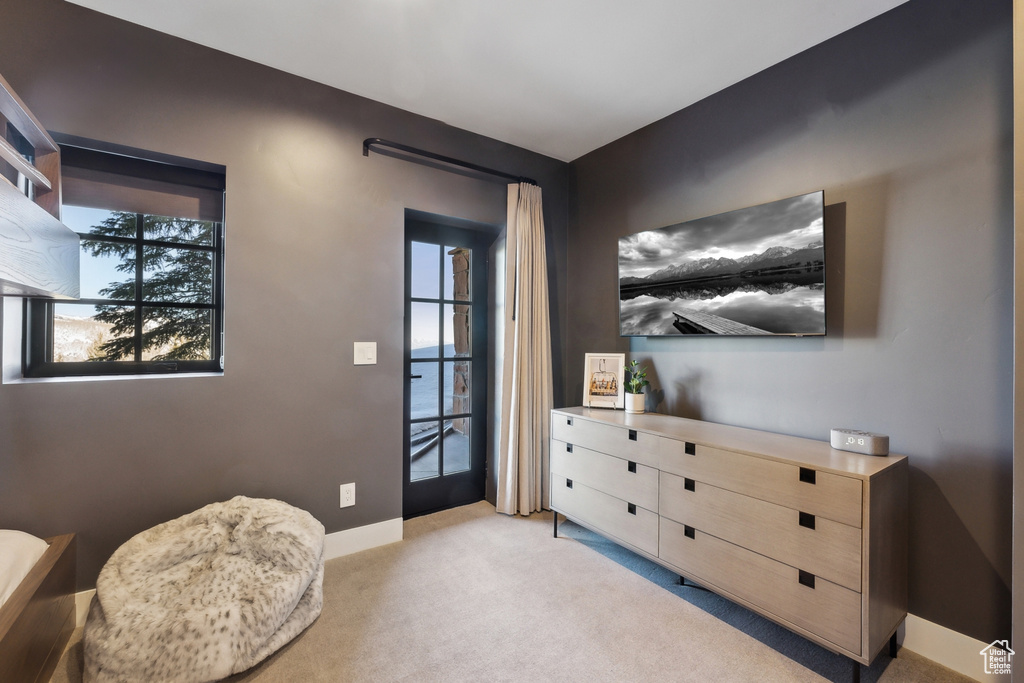 Living area with light colored carpet and baseboards