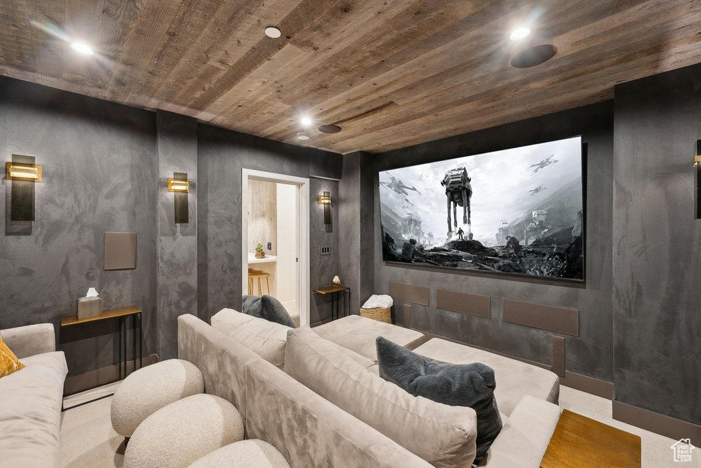Cinema room featuring wooden ceiling and recessed lighting