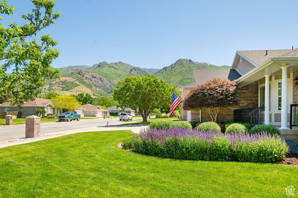 View of green lawn with a mountain view and a residential view