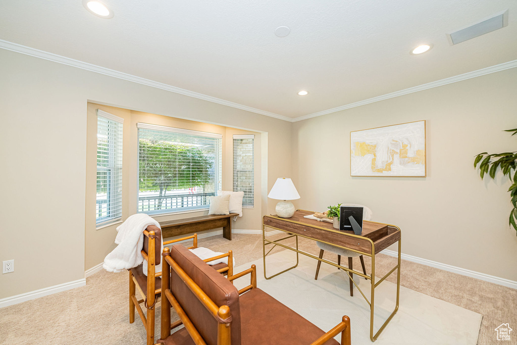 Home office featuring light colored carpet, ornamental molding, baseboards, and recessed lighting