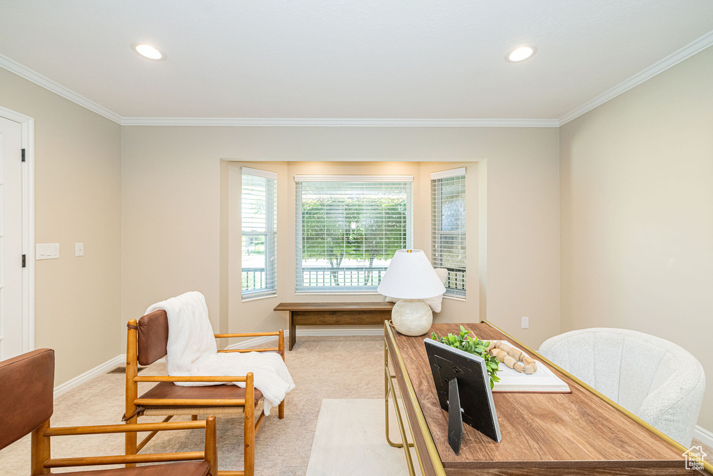 Office space with crown molding, light carpet, recessed lighting, and baseboards
