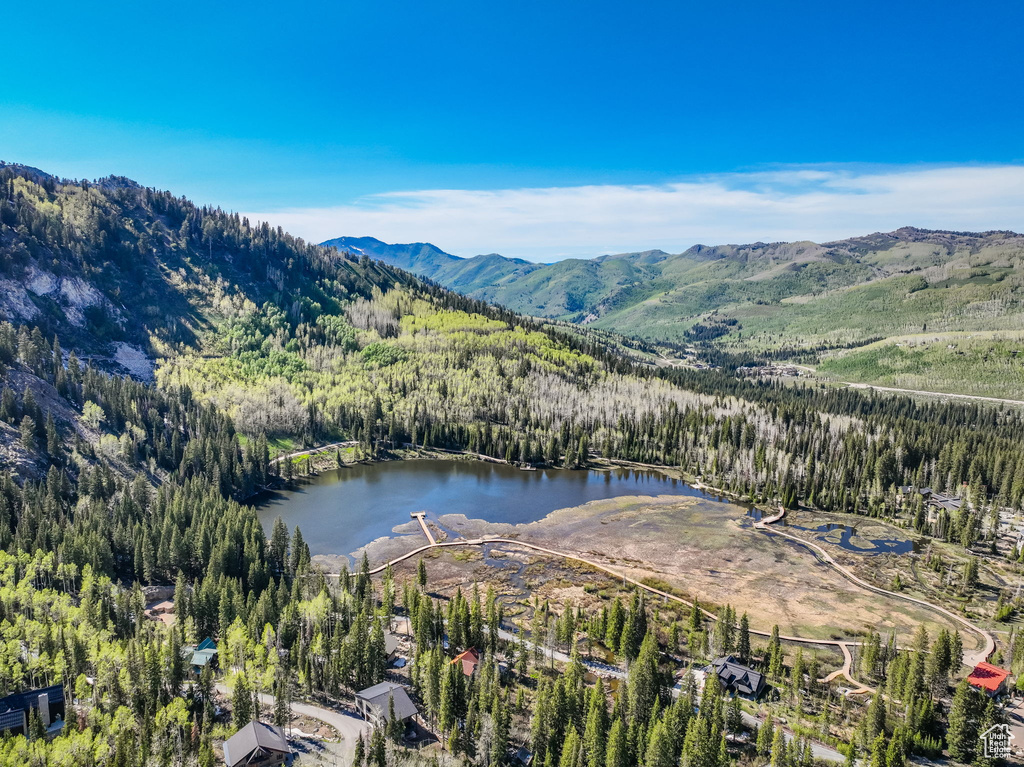 Aerial view of property\\\'s location featuring a forest and a water and mountain view