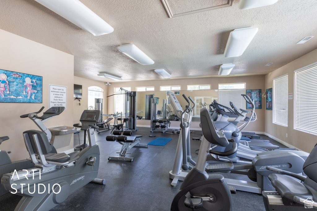 Gym featuring a textured ceiling, healthy amount of natural light, and baseboards