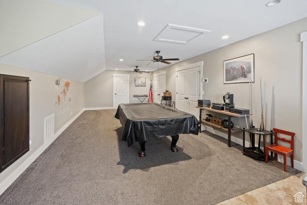 Rec room featuring baseboards, recessed lighting, a ceiling fan, billiards table, and carpet floors