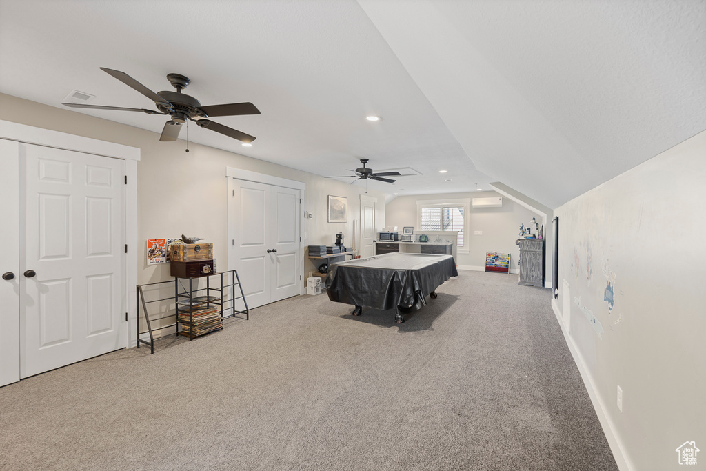 Playroom featuring a ceiling fan, billiards, carpet, recessed lighting, and baseboards