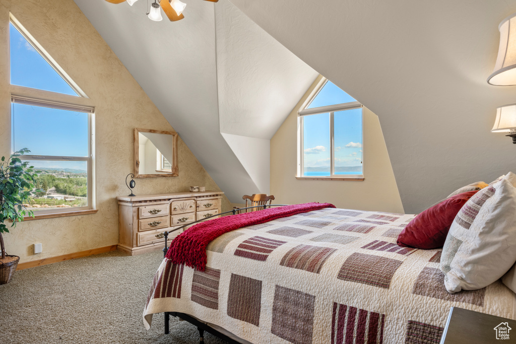 Carpeted bedroom with multiple windows, lofted ceiling, and baseboards