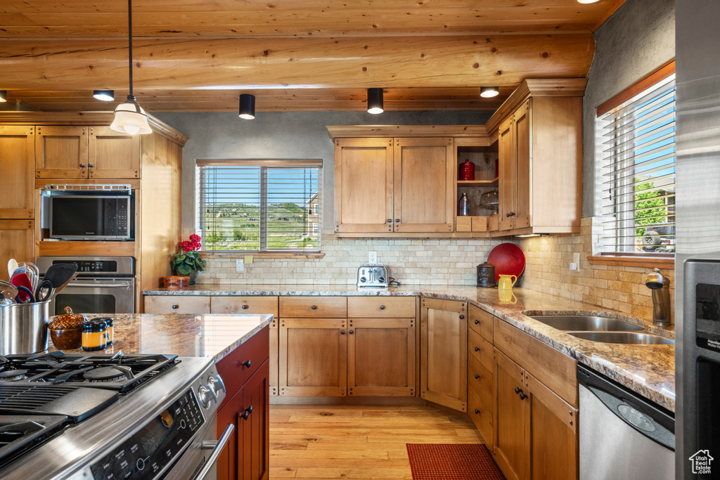 Kitchen with appliances with stainless steel finishes, light wood finished floors, a sink, and healthy amount of natural light