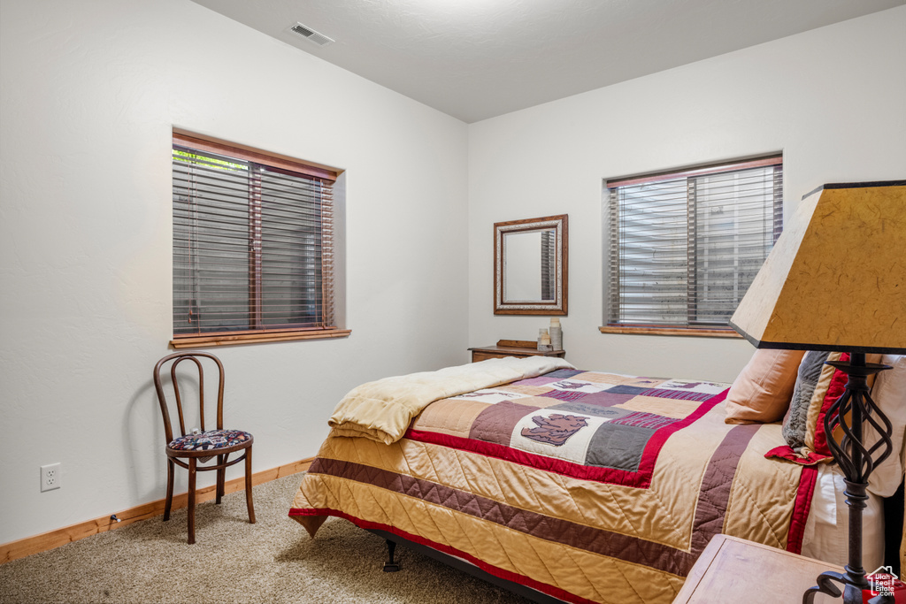 Bedroom with carpet flooring and baseboards