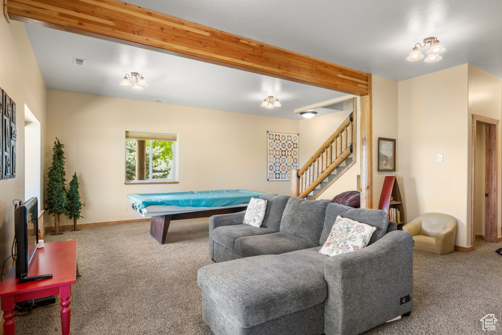 Rec room with carpet, billiards, and baseboards