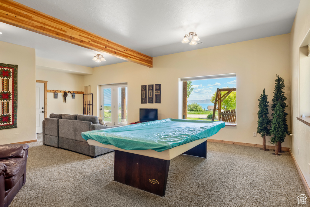 Rec room featuring carpet flooring, beam ceiling, baseboards, and pool table