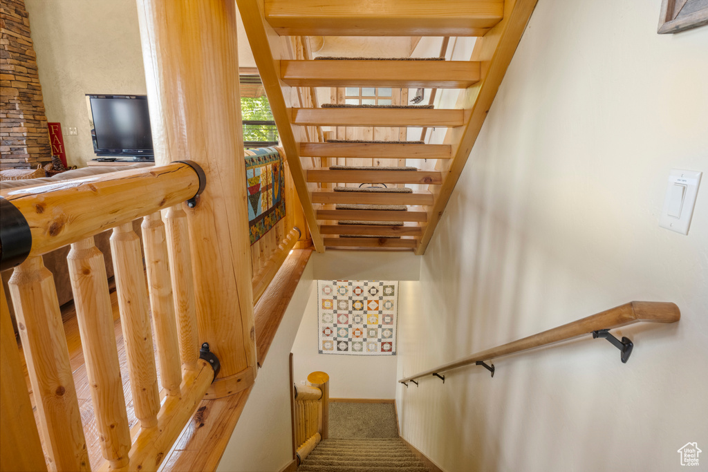 Stairs featuring carpet floors