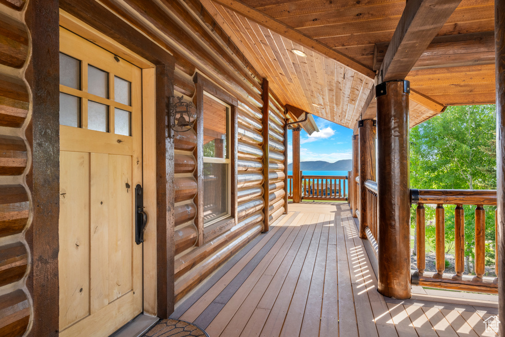 Deck featuring a mountain view