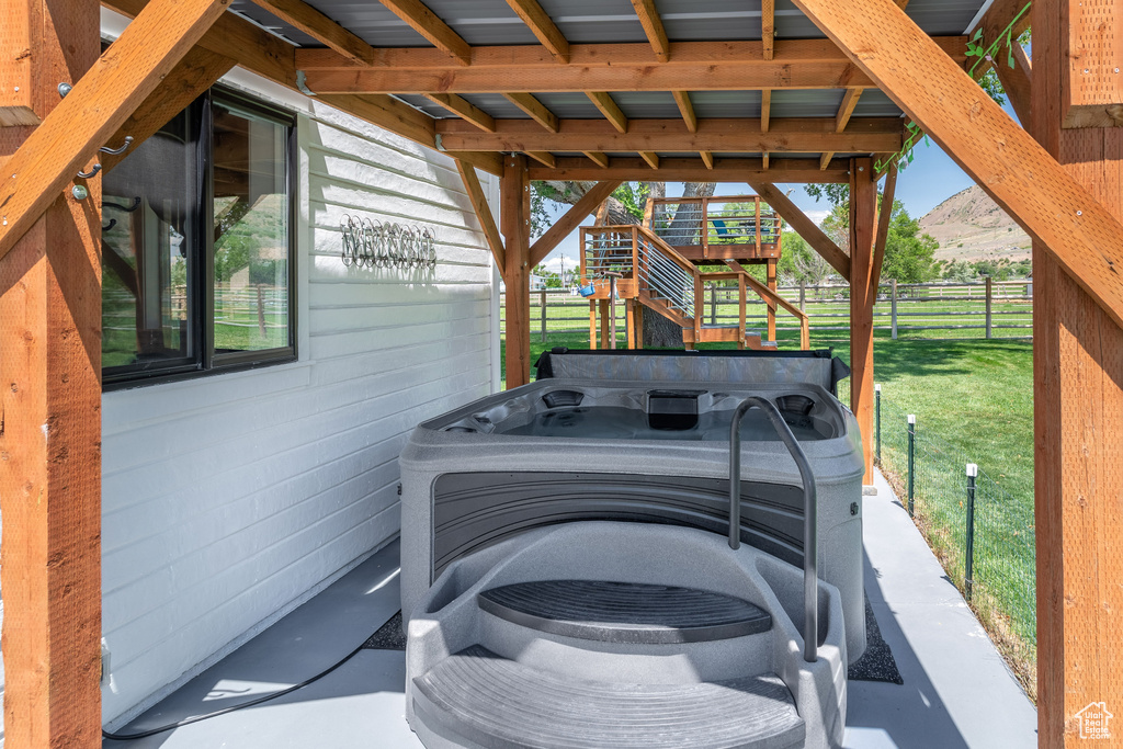 Exterior space featuring a mountain view and stairs