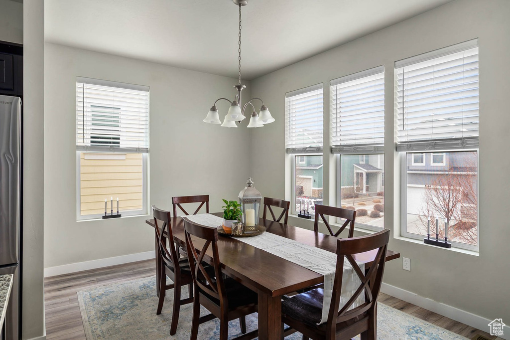Dining space with a chandelier, healthy amount of natural light, wood finished floors, and baseboards