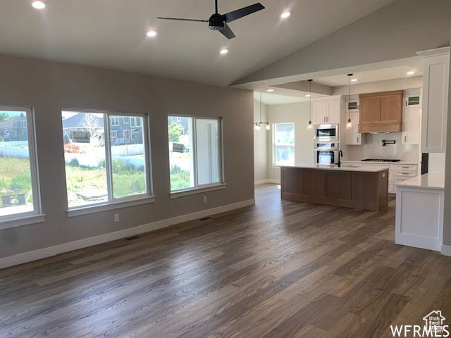 Kitchen featuring appliances with stainless steel finishes, open floor plan, lofted ceiling, dark wood-style flooring, and a ceiling fan