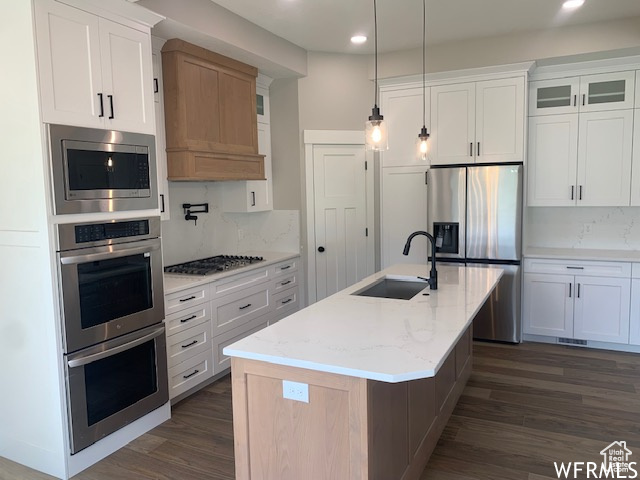 Kitchen featuring a sink, appliances with stainless steel finishes, recessed lighting, dark wood-style floors, and tasteful backsplash