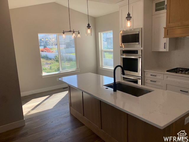 Kitchen with stainless steel appliances, dark wood finished floors, plenty of natural light, baseboards, and lofted ceiling