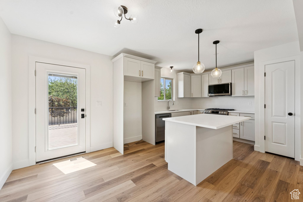 Kitchen with stainless steel appliances, a sink, plenty of natural light, and light wood-type flooring