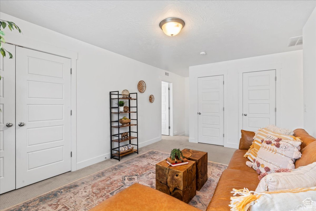 Living area with carpet floors and baseboards