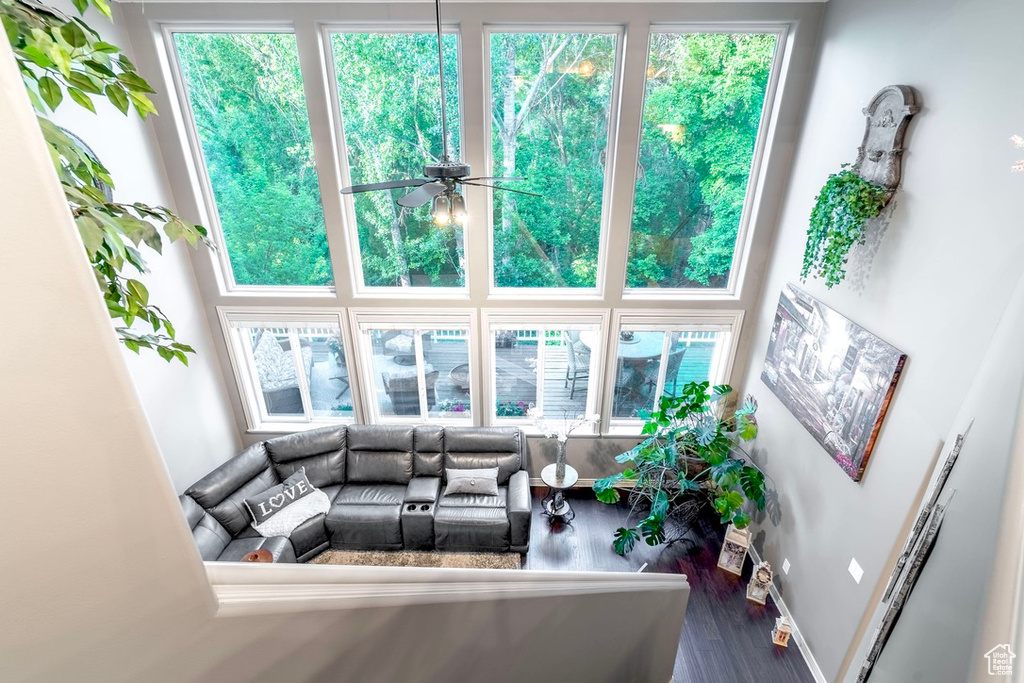 Living area featuring wood finished floors, a ceiling fan, and plenty of natural light