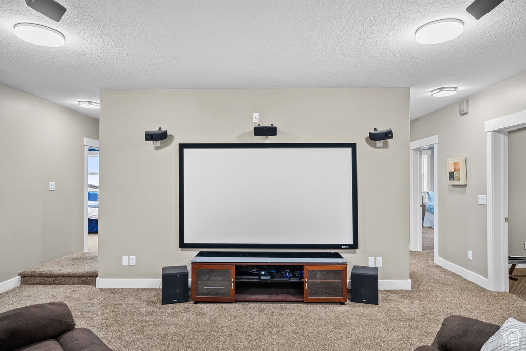 Cinema with carpet floors, a textured ceiling, and baseboards