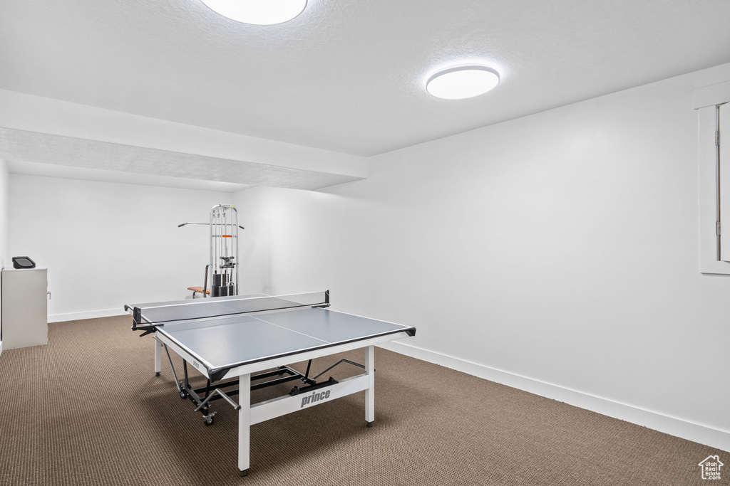 Recreation room featuring carpet and baseboards
