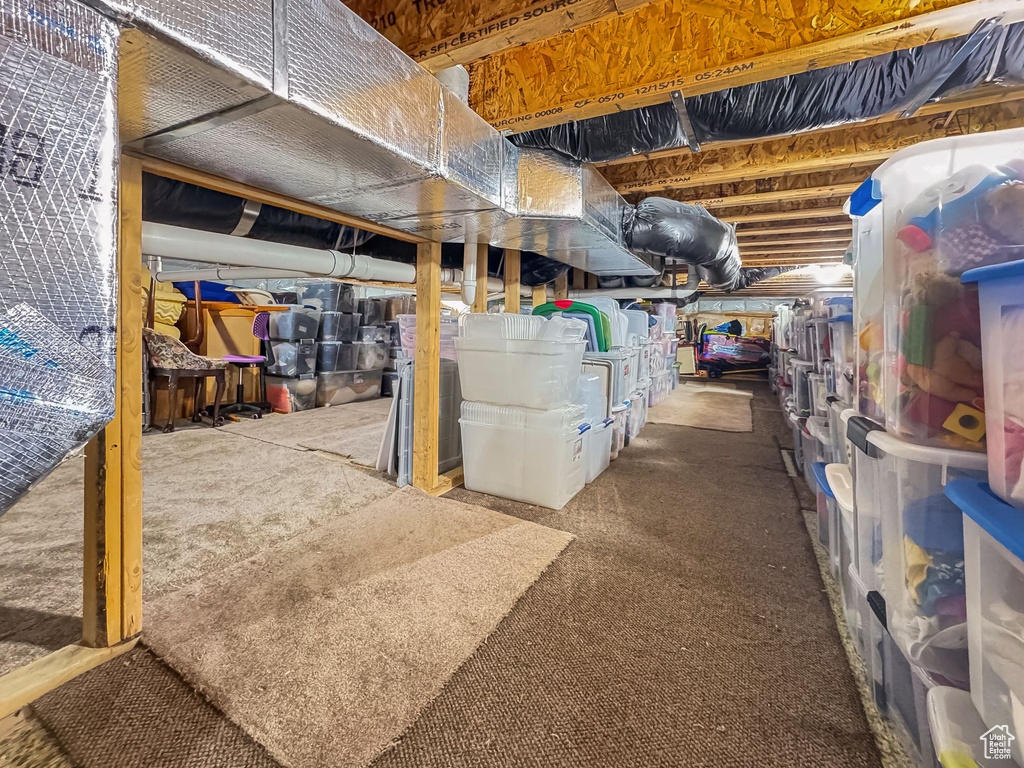 Unfinished below grade area featuring carpet