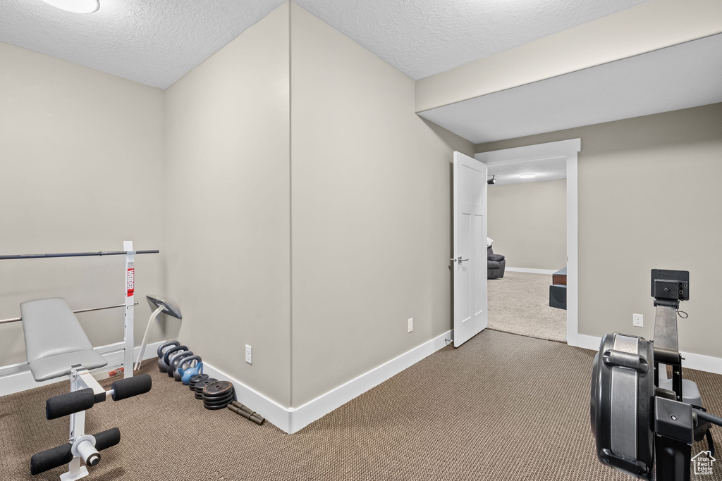 Workout room featuring baseboards, carpet flooring, and a textured ceiling