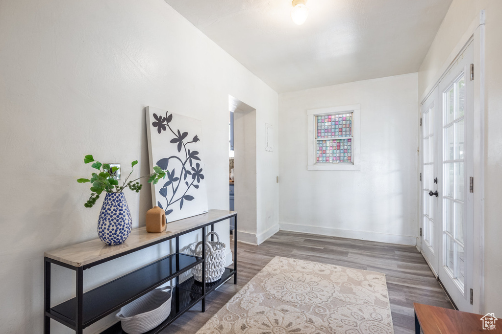 Entryway with plenty of natural light, wood finished floors, and baseboards