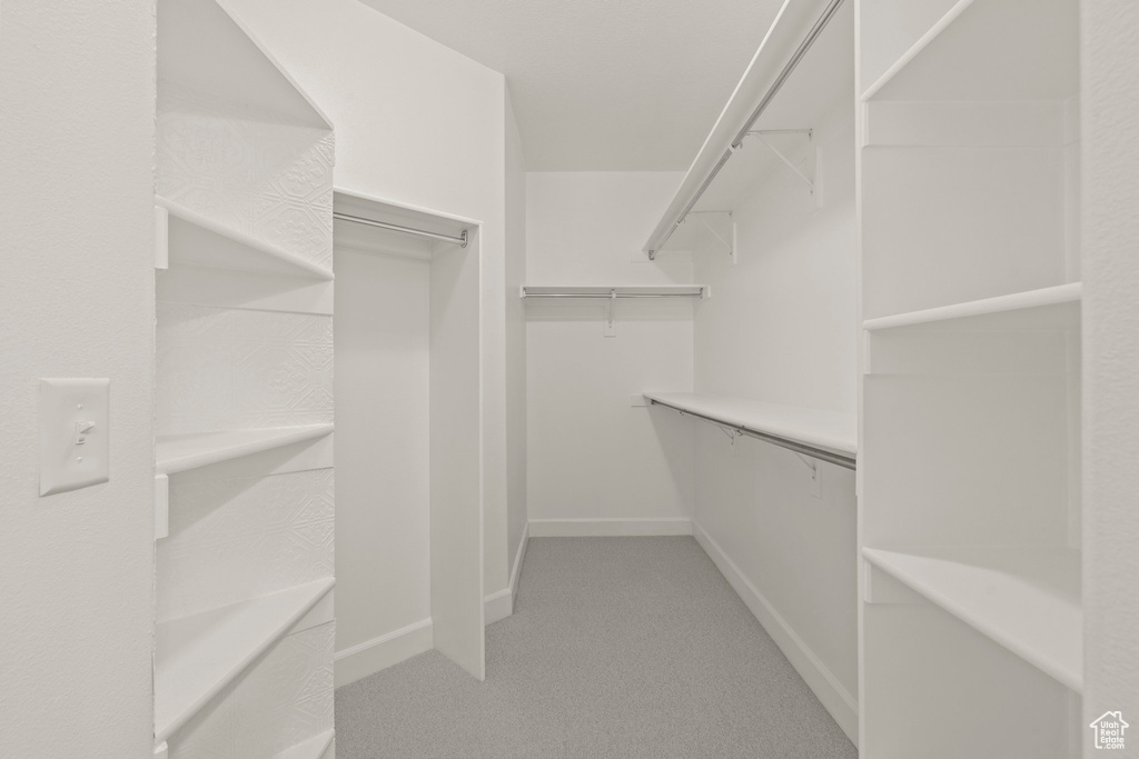 Walk in closet featuring light colored carpet