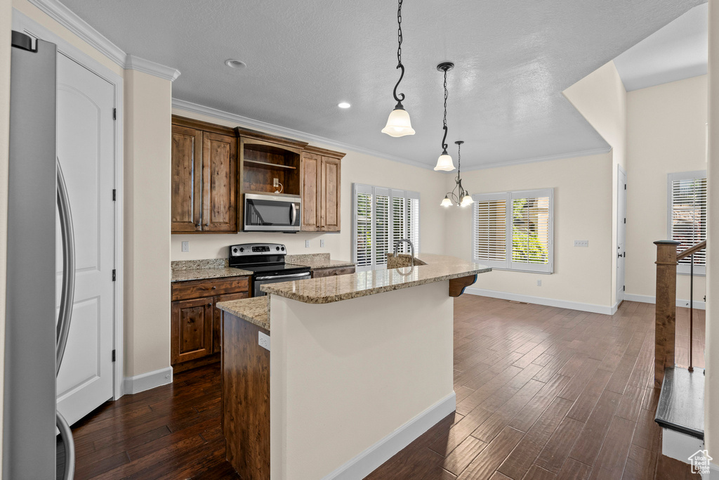 Kitchen featuring stainless steel appliances, dark wood finished floors, open shelves, baseboards, and recessed lighting