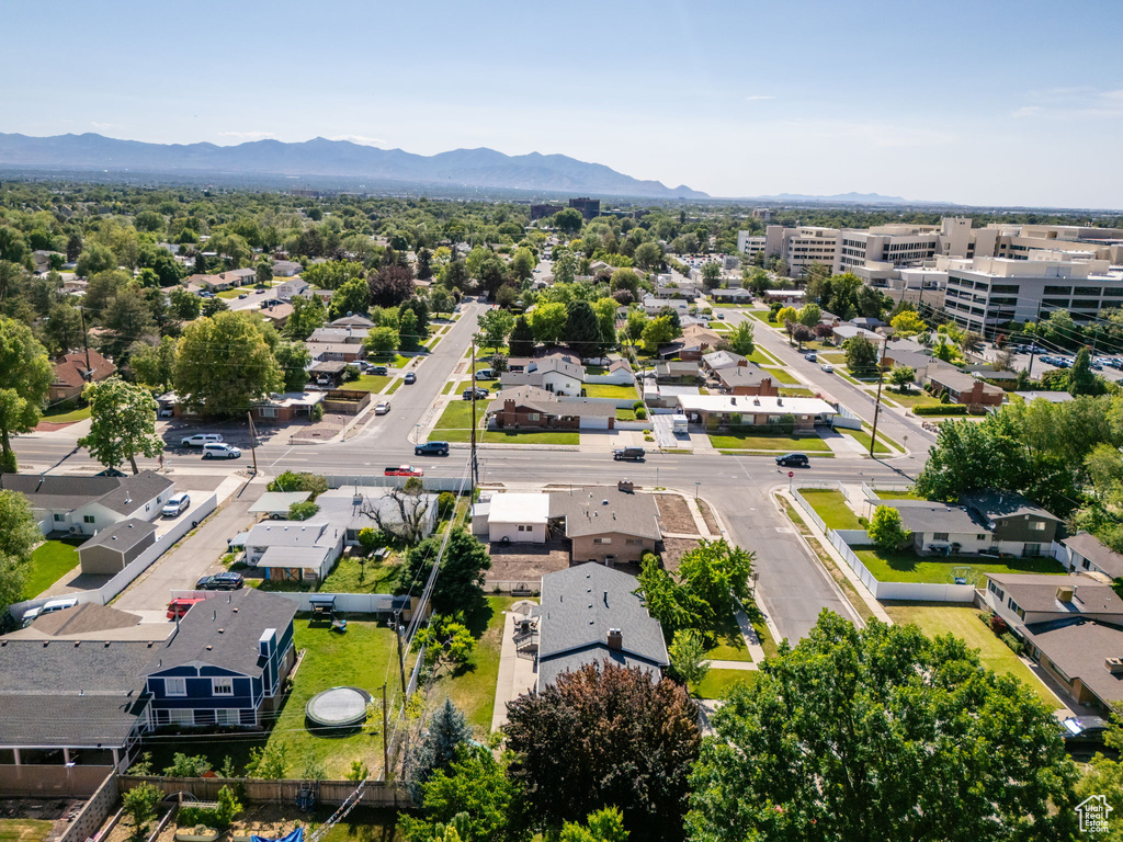 Aerial perspective of suburban area featuring mountains
