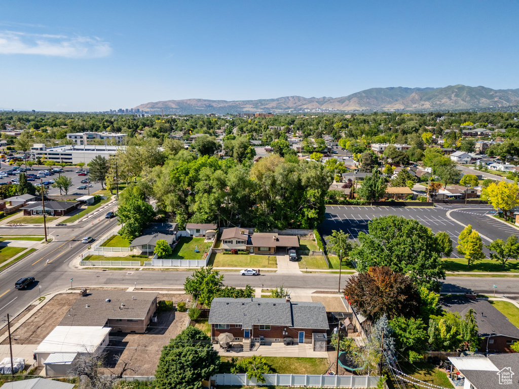 Aerial view of residential area with mountains