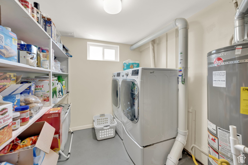 Laundry room featuring separate washer and dryer and water heater