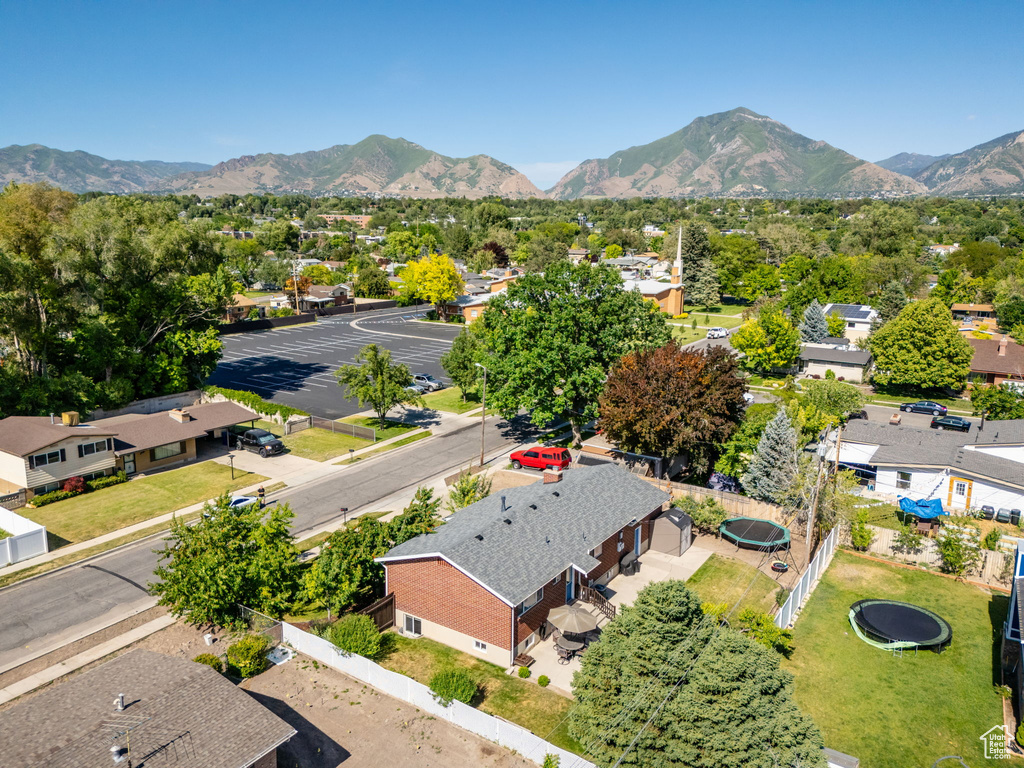 Aerial view of residential area with mountains