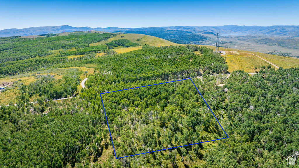 Aerial view of property and surrounding area featuring property parcel outlined, a forest, and mountains