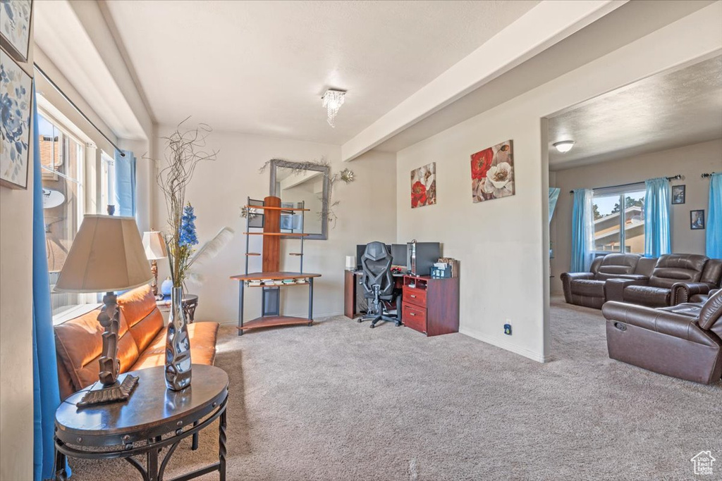 Living room featuring carpet flooring, an office area, healthy amount of natural light, and baseboards