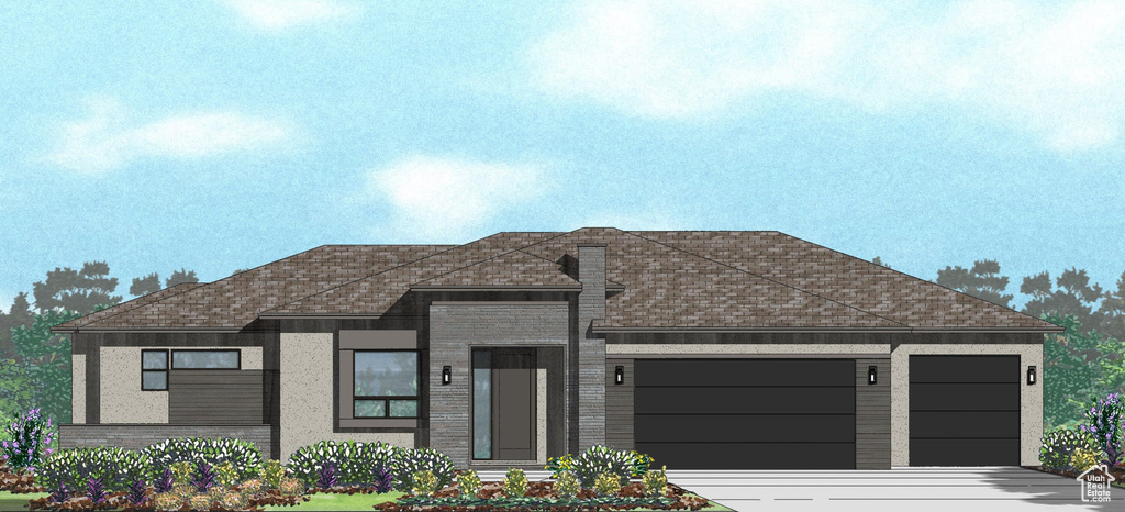 View of front facade featuring a garage, driveway, and roof with shingles