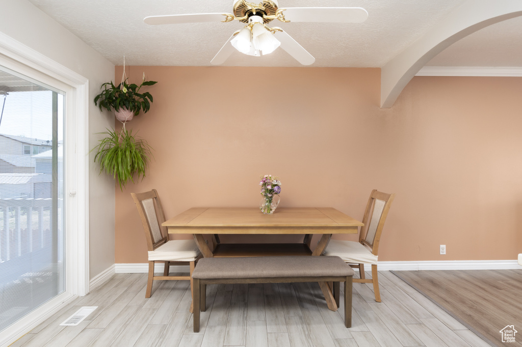 Dining room featuring light wood finished floors, ceiling fan, arched walkways, and baseboards