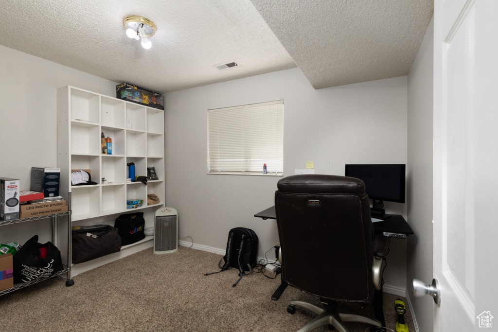 Carpeted office with a textured ceiling and baseboards